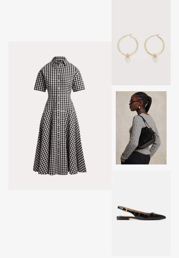 Sort og hvid gingham ternet skjortekjole med korte ærmer, figursyet talje, knaplukning foran og skørt i midi-længde med vidde.; Sorte slingback-flats i laklæder med spids tå, prydet med et struktureret, quiltet design og en lille, rektangulær hæl. Guldspænde som detalje.; Kvinde med fletninger og briller iført en grå kabelstrikket sweater og bærende en sort læder skuldertaske med gulddetaljer.; Guld hoops øreringe, hver med en enkelt hængende hvid perle og små rhinsten detaljer på en lys baggrund.