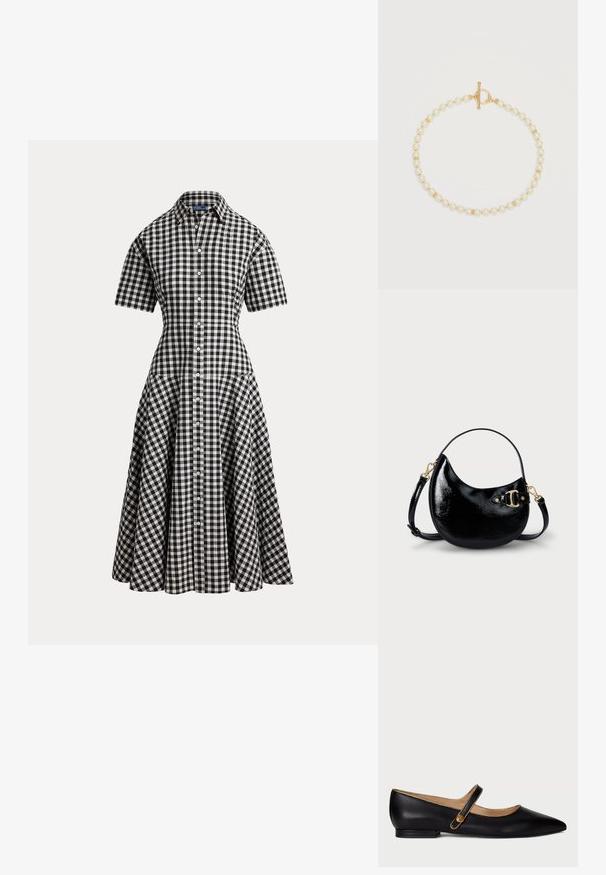 Zwart-wit geruite gingham korte-mouwen overhemdjurk met een getailleerde taille, knoopsluiting vooraan en uitlopende midi-rok.; Zwarte leren Mary Jane ballerina's met puntige neus, gouden afwerking en gouden decoratieve knop op de band tegen een eenvoudige witte achtergrond.; Zwarte gepatineerde leren handtas met een gebogen vorm, verstelbare schouderband en gouden hardwaredetails aan de zijkant. Gladde, glanzende textuur.; Enkele parelarmband met gouden tussenkralen en een gouden sluiting op een witte achtergrond.