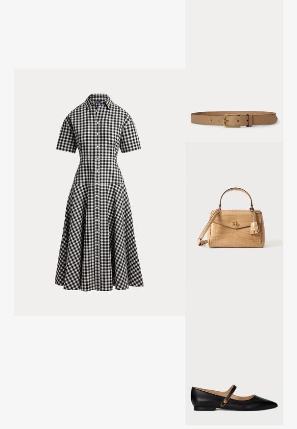Čierno-biele kárované košeľové šaty s krátkym rukávom, priliehavým pásom, zapínaním na gombíky vpredu a rozšírenou midi sukňou.; Čierne kožené Mary Jane baleríny s špicatou špičkou, zlatými detailmi a zlatým ozdobným gombíkom na remienku na pozadí bielej farby.; Béžová kožená kabelka s krokodílou textúrou, horným uchom, nastaviteľným ramenným popruhom, skladacím zapínaním a zlatým logom RL na prednej strane.; Svetlohnedý kožený opasok so zlatou obdĺžnikovou prackou a prešitými okrajmi, zobrazený na svetlom pozadí.