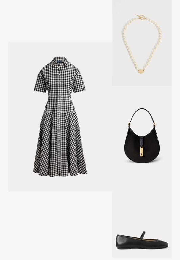Zwart-wit geruite gingham korte-mouwen overhemdjurk met een getailleerde taille, knoopsluiting vooraan en uitlopende midi-rok.; Zwarte leren Mary Jane platte schoen met afgeronde neus en een enkele band over de wreef, zijaanzicht op een eenvoudige achtergrond.; Zwarte suède halvemaanvormige handtas met een enkele zwarte band en gouden gesp met een polo-speler logo.; Parelketting met gouden toggle-sluiting en een ovale gouden hanger gegraveerd met letters op een effen witte achtergrond.