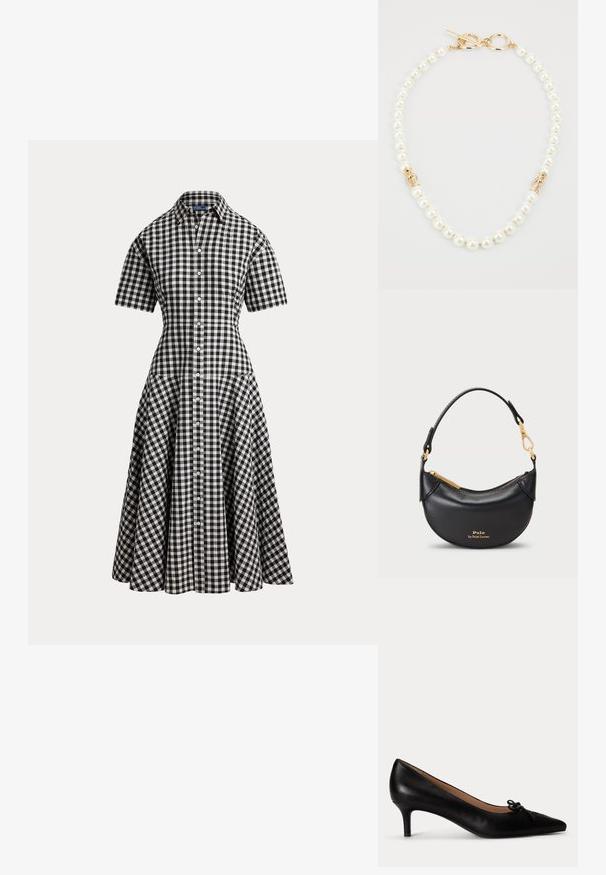 Zwart-wit geruite gingham korte-mouwen overhemdjurk met een getailleerde taille, knoopsluiting vooraan en uitlopende midi-rok.; Zwarte leren pump met puntige neus, lage kittenhak en kleine decoratieve strik bovenop, zijaanzicht op een witte achtergrond.; Parelsnoer met gouden hardware. Bestaat uit ronde, witte parels die afwisselend zijn met kleine gouden accenten en een decoratieve sluiting.; Zwarte leren handtas met een ronde silhouet, metalen rits en een korte handgreep. Voorzien van gouden accenten en een geperst logo aan de voorkant.