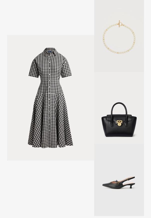Robe chemise à manches courtes à carreaux vichy noir et blanc, taille cintrée, boutonnée sur le devant et jupe midi évasée.; Escarpin noir en cuir à bride arrière avec bout pointu, petit talon, design découpé et détail de boucle dorée sur la bride.; Sac à main en cuir noir avec une forme structurée, une surface texturée, deux anses supérieures et une fermeture à verrou dorée.; Bracelet simple rangée de perles avec des perles intercalaires en or et un fermoir à bascule en or sur fond blanc.