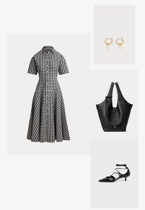 Zwart-wit geruite gingham korte-mouwen overhemdjurk met een getailleerde taille, knoopsluiting vooraan en uitlopende midi-rok.; Zwart, puntige kitten heel-schoen met enkelbandjes en cut-out details aan de zijkanten, getoond op een effen lichte achtergrond.; Zwarte textuurleren tote bag met dubbele handvatten, een klein klepje met knoopsluiting en een subtiel wit paardenlogo aan de onderzijde in het midden.; Gouden gedraaide oorringen, elk met een grote witte parel hanger op een lichtgrijze achtergrond.