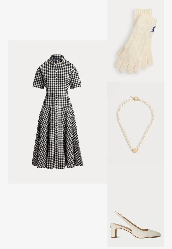 Zwart-wit geruite gingham korte-mouwen overhemdjurk met een getailleerde taille, knoopsluiting vooraan en uitlopende midi-rok.; Witte leren slingback hak met een ronde neus, blokhak en een minimalistisch ontwerp met subtiele stikdetails.; Crèmekleurige gebreide handschoenen met kabelpatroon en geribde manchetten, met een klein donkerblauw geborduurd logo op de pols.; Parelketting met gouden toggle-sluiting en een ovale gouden hanger gegraveerd met letters op een effen witte achtergrond.