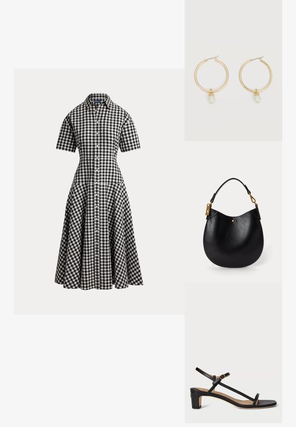 Vestido de camisa de cuadros vichy blanco y negro con mangas cortas, cintura entallada, cierre de botones en la parte delantera y falda midi acampanada.; Sandalia de tacón negro de cuero con punta abierta, correas delgadas, hebilla ajustable en el tobillo y tacón cuadrado. Textura suave.; Bolso de cuero negro con forma redondeada, asa corta, herrajes dorados y un sutil acento de punto dorado en el frente. Textura suave.; Pendientes de aro dorados, cada uno con una única perla blanca colgante y un pequeño detalle de pedrería sobre un fondo claro.