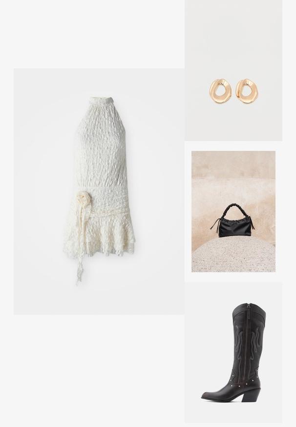 Vestido sin mangas de encaje blanco con cuello alto, textura floral, cintura ajustada y dobladillo con volantes, que presenta un cinturón de flores de tela.; Botas de cowboy de cuero marrón con costuras en forma de llama, cremallera lateral, tachuelas plateadas, punta puntiaguda y tacón apilado.; Bolso negro fruncido con asa recogida, apoyado sobre una esfera de piedra texturizada frente a una pared de hormigón beige.; Par de pendientes de aro de metal en tono dorado pulido, de forma irregular y con centro abierto, sobre un fondo blanco liso.