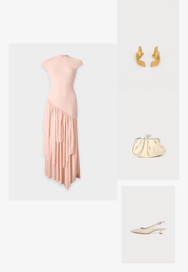 Lyserød ærmeløs kjole med høj halsudskæring og asymmetrisk lagdelt flæse nederdel.; Beige slingback-sko med spids tå, lav kitten-hæl og en ankelrem med et lille spænde, vist på en ensfarvet hvid baggrund.; Plisseret beige læderclutch med en sølvmetalramme, der har to runde dekorative låse og en sølvkædetrasporte.; Guldtonede øreringe med et snoet bladdesign, prydet med små funklerende sten, og fastgjort med en postbag.