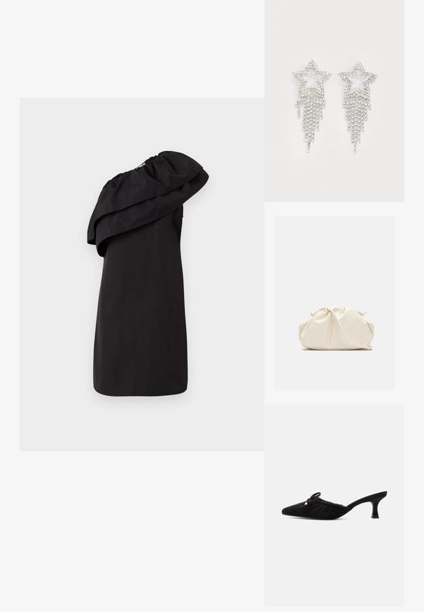 Robe noire avec un design à une épaule, mettant en avant un grand détail de volan drapé. Fabriquée à partir d'un tissu lisse et léger. Style minimaliste.; Mule en daim noir à bout pointu avec tige froncée, nœud décoratif et talon kitten mi-hauteur sur un fond clair uni.; Pochette en cuir souple couleur crème avec un design froncé et une fine bandoulière reposant à l’avant sur un fond uni.; Boucles d'oreilles en strass en forme d'étoile avec des détails de franges en cascade, présentant une teinte argentée et une surface brillante et réfléchissante. Forme d'étoile avec un design complexe.