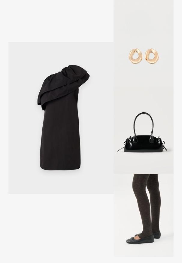 Robe noire avec un design à une épaule, mettant en avant un grand détail de volan drapé. Fabriquée à partir d'un tissu lisse et léger. Style minimaliste.; Jambes portant des leggings côtelés foncés associés à des ballerines noires avec de petits détails en nœud sur fond blanc.; Petit sac à main noir brillant avec deux longues anses et des détails à cordon sur les côtés sur un fond clair uni.; Paired boucles d'oreilles en métal doré poli de forme irrégulière avec un centre ouvert sur un fond blanc uni.