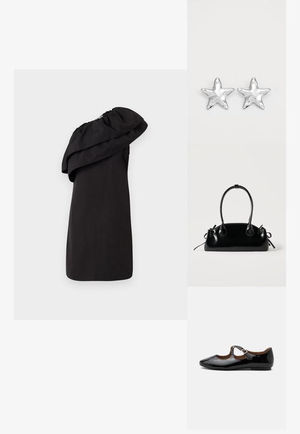 Vestido negro con un diseño de un solo hombro, que presenta un gran detalle de volantes drapeados. Está hecho de una tela suave y ligera. Estilo minimalista.; Zapato plano Mary Jane de charol negro con dos recortes y una correa con hebilla dorada sobre fondo blanco.; Pequeño bolso negro brillante con dos asas largas y detalles de cordón lateral sobre un fondo claro liso.; Pendientes en forma de estrella plateada con una superficie pulida y brillante. Cada pendiente presenta cinco puntas y sutiles detalles de textura en la superficie.
