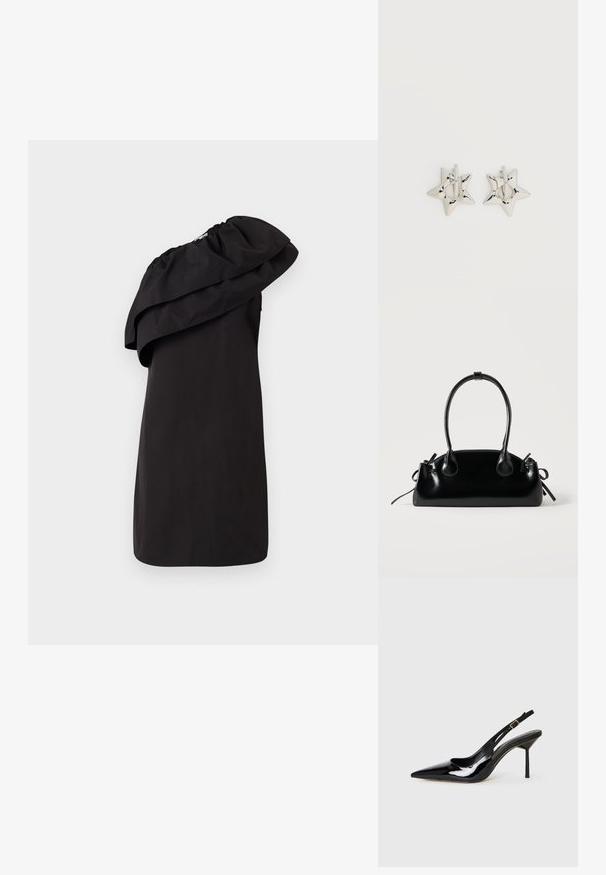 Robe noire avec un design à une épaule, mettant en avant un grand détail de volan drapé. Fabriquée à partir d'un tissu lisse et léger. Style minimaliste.; Sandale à talon aiguille en cuir verni noir à bout pointu, avec une fine sangle et une boucle dorée sur fond blanc.; Petit sac à main noir brillant avec deux longues anses et des détails à cordon sur les côtés sur un fond clair uni.; Boucles d’oreilles créoles en forme d’étoile argentée avec une finition lisse et polie sur un fond blanc uni.