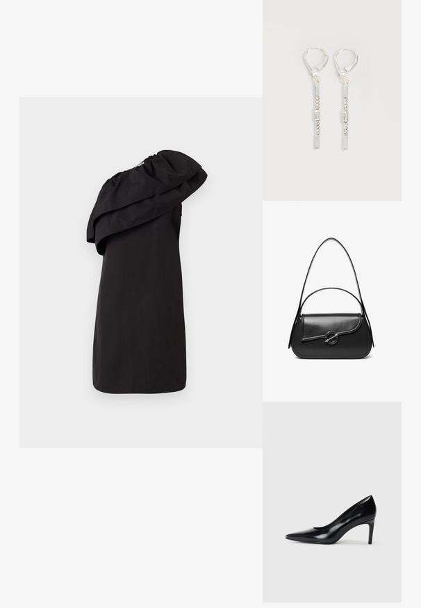Vestido negro con un diseño de un solo hombro, que presenta un gran detalle de volantes drapeados. Está hecho de una tela suave y ligera. Estilo minimalista.; Zapato de tacón alto de cuero negro con punta afilada, textura suave y tacón en forma de cono. Diseño minimalista, sin adornos adicionales.; Bolso de hombro de cuero negro con una solapa curva asegurada por un broche metálico redondo y una correa delgada y ajustable.; Pendientes colgantes de plata con cristales transparentes rectangulares y redondos en una línea vertical, asegurados con cierres tipo leverback.