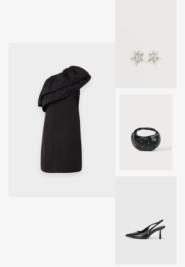 Robe noire avec un design à une épaule, mettant en avant un grand détail de volan drapé. Fabriquée à partir d'un tissu lisse et léger. Style minimaliste.; Chaussure à talon haut en cuir noir, à bride arrière, avec un bout pointu et un talon fin sur fond blanc.; Sac à main en cuir noir de forme arrondie, décoré de clous argentés et équipé d'une poignée courte. Texture lisse et fermeture éclair.; Boucles d’oreilles créoles en forme d’étoile argentée avec une finition lisse et polie sur un fond blanc uni.