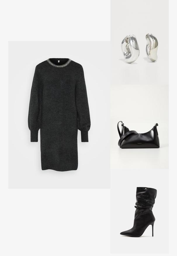 Mørkegrå strikkjole med rund halsudskæring, der har en sølvperledekoration. Lange, udfoldede ærmer og ribbede manchetter.; Even&Odd Wide Fit by Zalando Højhælede støvletter - black; Sort læderhåndtaske med en glat tekstur. Har en justerbar stropp og et enkelt, minimalistisk design med lynlås.; Sølvskulpturelle øreringe med glatte, buede former og reflekterende overflader. Har et lukket hoop-design og en markant organisk form.