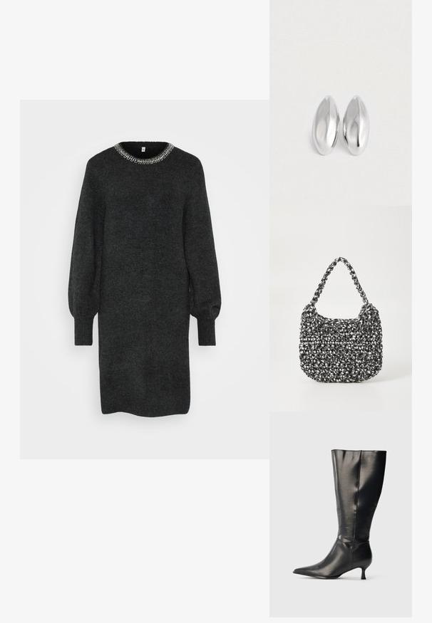 Robe en tricot gris foncé avec un col rond orné de perles argentées. Manches longues et bouffantes avec des poignets côtelés.; Botte en cuir noire montant jusqu'au genou, avec un bout pointu et un petit talon bas, présentée sur un fond clair uni.; Sac en osier noir et blanc de forme arrondie, avec une surface texturée et une poignée tressée. Convient à un usage décontracté.; Paire d'objets ovales en argent luisant et lisse disposés côte à côte sur un fond blanc uni.
