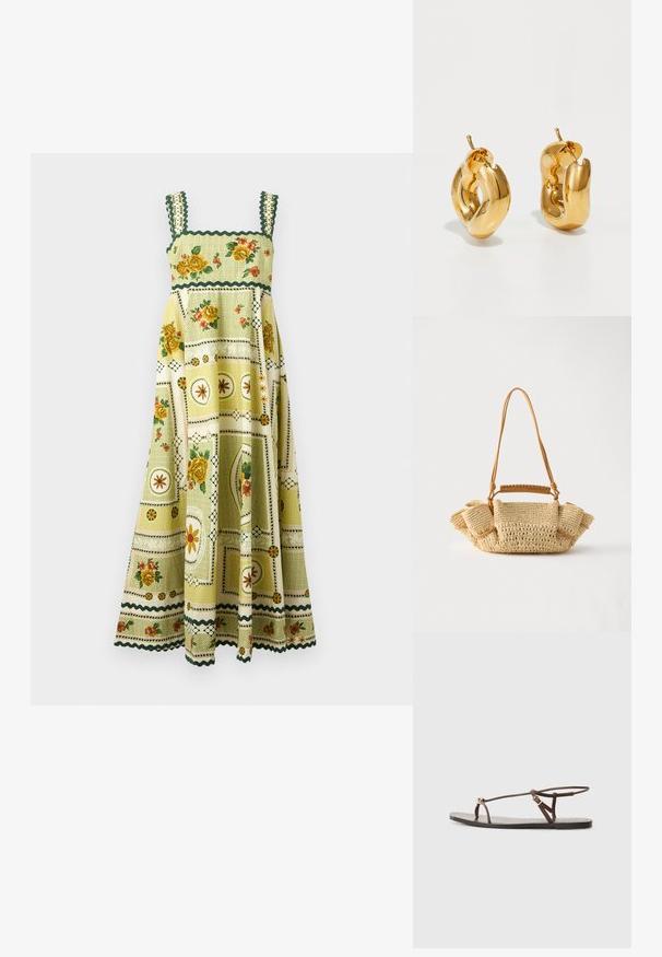 Ærmeløs maxi-kjole i grøn og gul med blomster- og geometriske patchworkmønstre og skålsøm.; Brun lædersandal med tynde remme, en gylden cirkulær detalje og en flad sål. Minimalistisk design med en justerbar spændedetalje.; Vævet beige håndtaske med en lang tynd strop og opsamlede sider, med et kort håndtag indpakket i læder til forskellige bære muligheder.; Chunky guld hoop øreringe med et let snoet, rørformet design og postsystem bagpå, på en hvid baggrund.