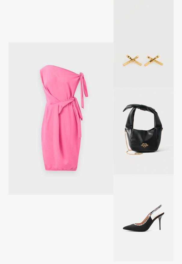 Rihmatu roosa kleit pehmest kangast, millel on seotud vöökoht ja figuuri järgiv lõige ribakäärtega.; Love Moschino LOGO TAPE - Kõrge kontsaga kingad - black; Mustast pehmest nahast Love Moschino käekott sõlmitud sangaga ja kuldse kettidega rihmaga valgel taustal.; Kaks kuldset vibu-kujulist kõrvarõngast, mis on läikivad ja paigutatud valgele taustale.