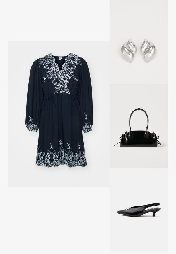 Schwarzes Kleid aus Stoff mit langen Puffärmeln und taillierter Taille, versehen mit weißer Blumenstickerei entlang des Ausschnitts und Saums.; Schwarzer Slingback aus Lackleder mit kleinem Absatz, spitzer Zehenpartie und kleinem goldrundem Schmuck oben.; Kleine schwarze glänzende Handtasche mit zwei langen Griffen und seitlichen Kordelzug-Details vor einfachem hellem Hintergrund.; Silberne Ohrringe mit einer organischen, abstrakten Form. Glatte, glänzende Oberfläche mit einem konischen Design. Mit dezenten Kurven und einem zentralen Linienelement.