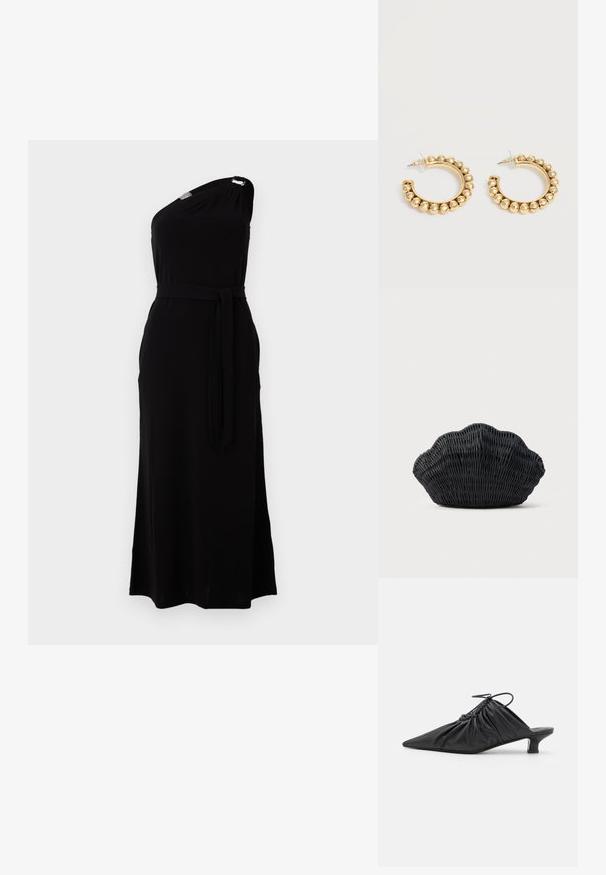 Robe noire à une épaule en tissu doux. Présente une taille ceinturée et une fente sur le côté, avec un accent métallique à l'épaule. Longue longueur.; Mules noirs en cuir à enfiler avec un bout pointu, une texture froncée et un petit talon aiguille. Présente un détail à cordon au niveau de l'ouverture.; Sac à main en osier noir en forme de coquille Saint-Jacques avec un dessus courbé et une texture tressée sur un fond uni.; Paire de boucles d’oreilles créoles dorées avec des détails de perles arrondies le long du bord extérieur sur un fond clair.