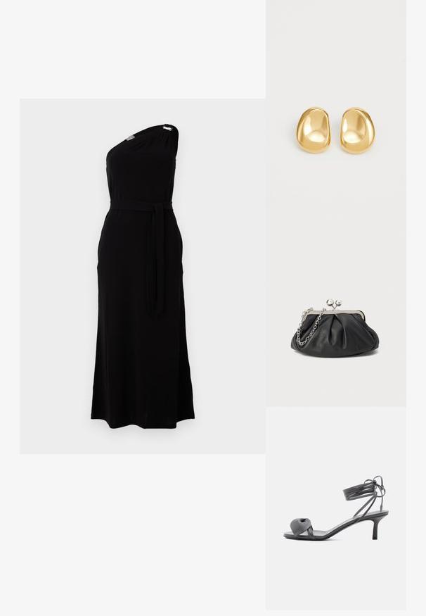 Robe noire à une épaule en tissu doux. Présente une taille ceinturée et une fente sur le côté, avec un accent métallique à l'épaule. Longue longueur.; Sandale à talon en cuir gris avec une bride nouée sur les orteils et des lacets enroulants autour de la cheville, sur un talon moyen et fin, sur fond blanc.; Porte-monnaie en cuir noir avec texture froncée, cadre en métal argenté, fermeture à verrouillage kiss-lock et bandoulière en chaîne. Surface lisse et douce.; Boucles d'oreilles en forme de clou de couleur or, avec une forme lisse et arrondie et une surface réfléchissante, mettant en avant un design minimaliste sans motifs visibles.