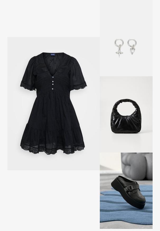 Robe noire en tissu léger avec un corsage ajusté, des manches courtes bouffantes, un décolleté en V, des détails de boutons et des accents brodés sur la jupe.; Mule plateforme en cuir noir avec un grand détail de boucle reposant sur un tapis bleu texturé et ondulé, avec un arrière-plan gris flou.; Sac à main noir rembourré avec une poignée arrondie, présentant une surface lisse et brillante ainsi qu'une texture douce et matelassée. Pas de quincaillerie ou d'accents visibles.; Boucles d'oreilles en argent en forme de cerceau avec un charme croix et cœur. Texture lisse et brillante avec une finition polie. Chaque charmepend d'une boucle sécurisée.