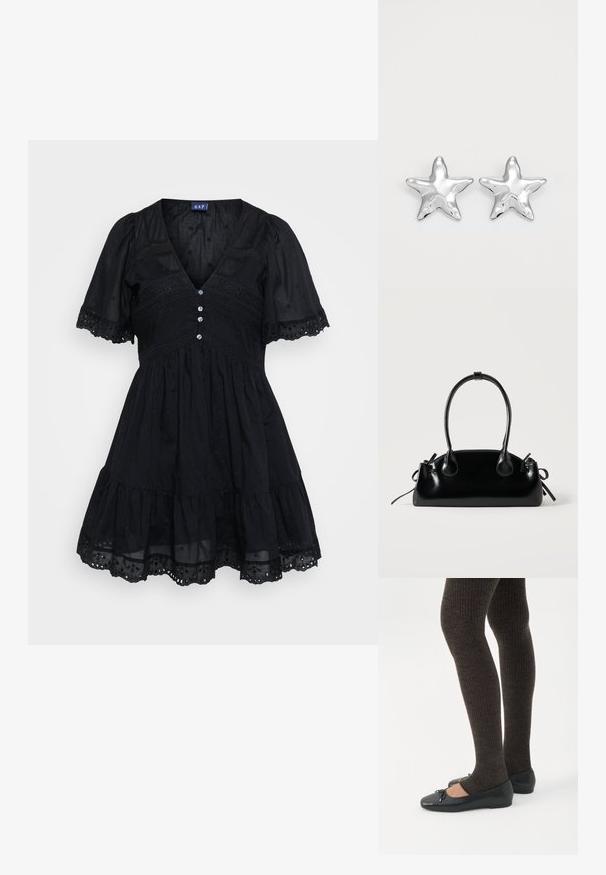 Vestido negro hecho de una tela liviana con un corpiño ajustado, mangas cortas abullonadas, escote en V, detalles de botones y acentos bordados en la falda.; Piernas con leggings oscuros acanalados combinados con bailarinas negras que presentan pequeños detalles de lazo sobre un fondo blanco.; Pequeño bolso negro brillante con dos asas largas y detalles de cordón lateral sobre un fondo claro liso.; Pendientes en forma de estrella plateada con una superficie pulida y brillante. Cada pendiente presenta cinco puntas y sutiles detalles de textura en la superficie.