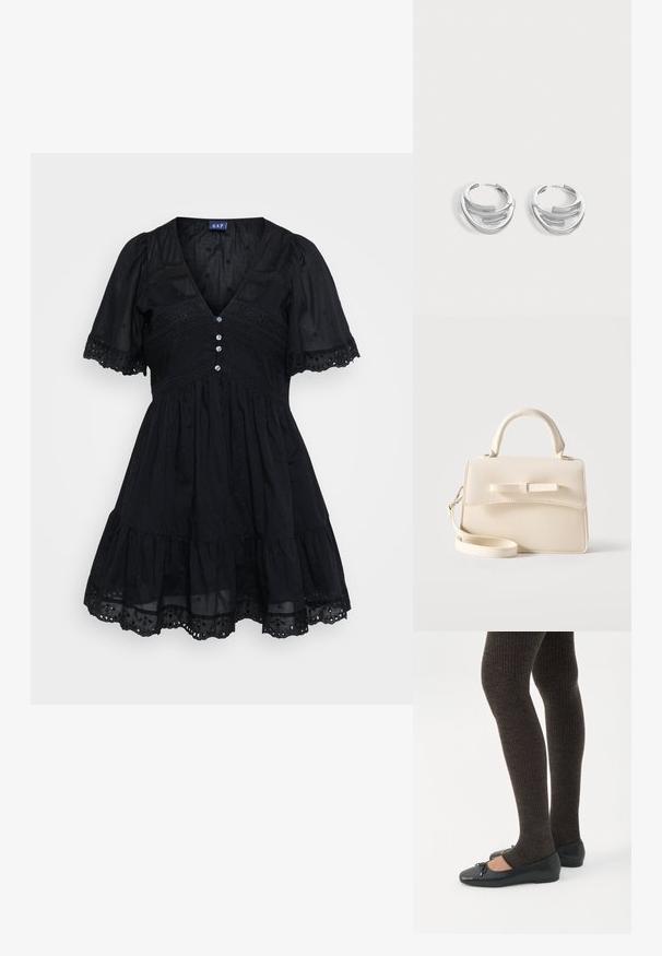 Vestido negro hecho de una tela liviana con un corpiño ajustado, mangas cortas abullonadas, escote en V, detalles de botones y acentos bordados en la falda.; Piernas con leggings oscuros acanalados combinados con bailarinas negras que presentan pequeños detalles de lazo sobre un fondo blanco.; Pequeño bolso beige con asa superior, correa desmontable, solapa frontal y lazo decorativo horizontal sobre un fondo liso.; Par de pendientes de aro plateados pulidos con diseño de barra curva en capas sobre un fondo claro y liso.
