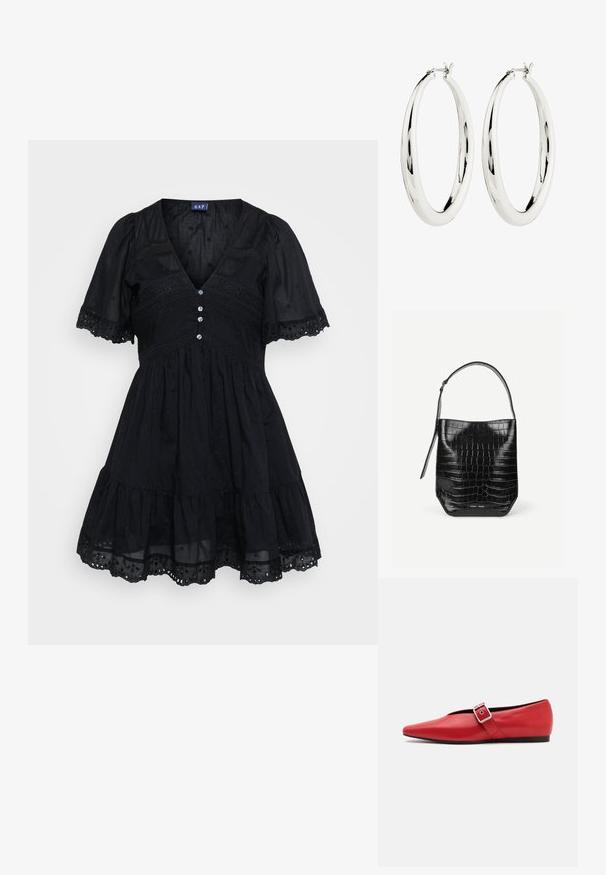 Vestido negro hecho de una tela liviana con un corpiño ajustado, mangas cortas abullonadas, escote en V, detalles de botones y acentos bordados en la falda.; Zapato plano de cuero rojo con punta afilada, que presenta una correa lateral con una hebilla de metal y un tacón bajo negro. Textura suave en toda su superficie.; Bolso tipo saco de piel negra con relieve de cocodrilo, con una sola correa para el hombro y un pequeño logo de la marca en plata en el centro inferior frontal.; Pendientes de aro de plata con una superficie lisa y reflectante. Forma redonda y grande con un cierre seguro en la parte superior. El acabado pulido resalta el brillo.