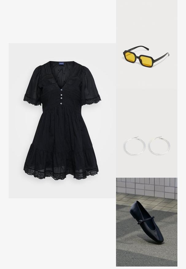 Robe noire en tissu léger avec un corsage ajusté, des manches courtes bouffantes, un décolleté en V, des détails de boutons et des accents brodés sur la jupe.; Chaussure plate Mary Jane en cuir noir avec une petite bride à boucle, posée sur une surface en asphalte gris près d'un mur carrelé.; Lunettes de soleil rectangulaires noires avec des verres jaunes. Les caractéristiques incluent des montures épaisses et un design anguleux avec une finition lisse et brillante.; Paire de boucles d'oreilles créoles argentées brillantes avec fermoirs en fil fin, présentée sur un fond gris clair.
