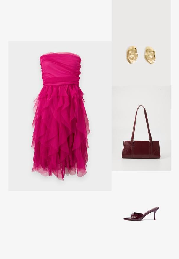 Robe bustier fuchsia avec corsage froncé et jupe en tulle à volants superposés, longueur genou avec un design texturé et volumineux.; Sandales à glissière ouvertes en cuir verni bourgogne avec une forme courbée et un talon aiguille fin. Texture lisse avec un minimum de détails.; Sac à main bordeaux en matériau brillant, de forme rectangulaire, avec deux anses et des accents légèrement courbés à l'avant.; Paire de boucles d'oreilles en métal doré brillant, de forme irrégulière, avec une surface froissée et lisse sur un fond clair uni.