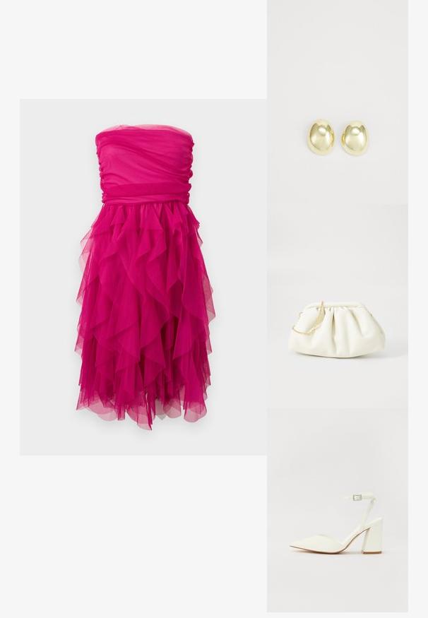 Robe bustier fuchsia avec corsage froncé et jupe en tulle à volants superposés, longueur genou avec un design texturé et volumineux.; Sandale blanche à talon avec un bout pointu, sangle de cheville réglable et un talon carré épais. Texture lisse avec des détails de couture minimaux.; Sac à main en cuir blanc avec un design plissé, doté d'une bandoulière en chaîne dorée et d'une forme arrondie. Texture lisse avec des plis doux et sans motifs.; Boucles d'oreilles en métal doré avec une forme lisse et arrondie et une finition polie. Design simple sans embellissements supplémentaires.