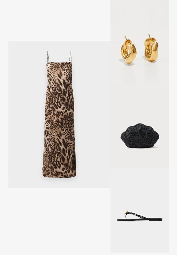 Robe maxi sans manches à imprimé léopard avec des fines bretelles, texture douce et silhouette fluide dans des tons marron et crème.; Sandale plate noire en forme de tongs avec plusieurs fines lanières et une petite déco dorée en forme de larme sur la lanière avant.; Sac à main en osier noir en forme de coquille Saint-Jacques avec un dessus courbé et une texture tressée sur un fond uni.; Boucles d'oreilles créoles en or massif avec un design tubulaire légèrement tordu et des fermoirs à tige sur un fond blanc.