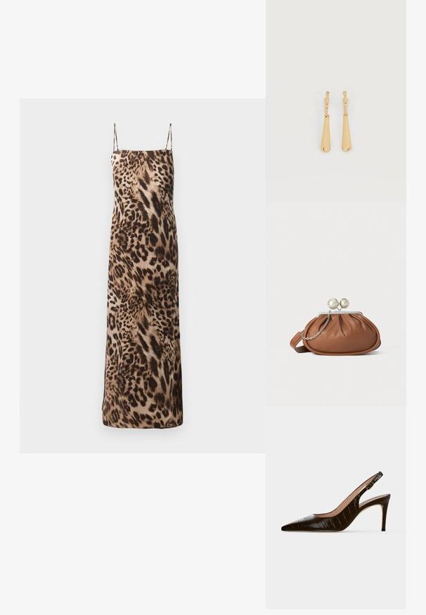 Robe maxi sans manches à imprimé léopard avec des fines bretelles, texture douce et silhouette fluide dans des tons marron et crème.; Chaussure slingback à talon haut marron foncé, bout pointu, texture crocodile et petite boucle dorée sur la bride.; Pochette en cuir marron avec un fermoir à boule en argent et un petit détail en chaîne argentée sur fond blanc.; Boucles d'oreilles pendantes en ton or avec des pendentifs lisses en forme de goutte allongée suspendus à de petites attaches en forme d'anneau sur un fond blanc.