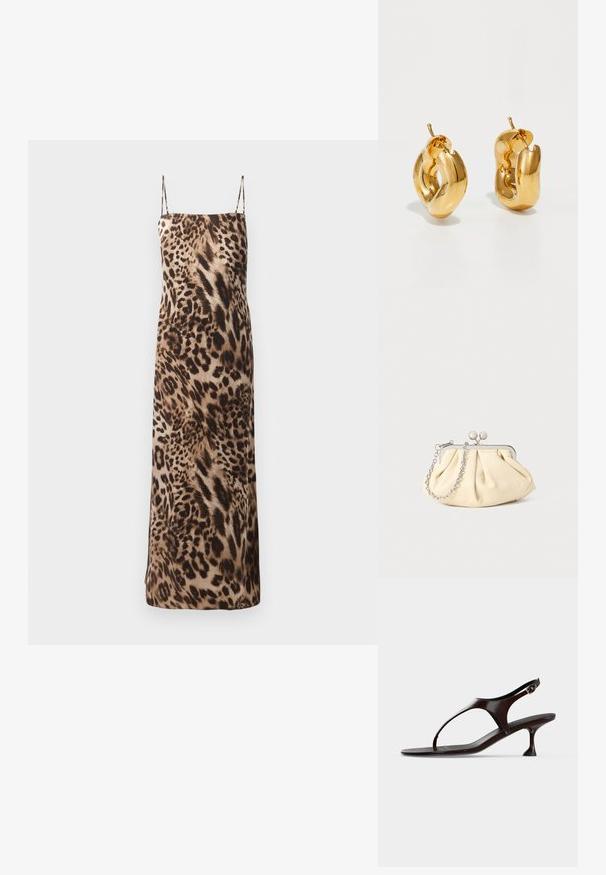 Robe maxi sans manches à imprimé léopard avec des fines bretelles, texture douce et silhouette fluide dans des tons marron et crème.; Sandale slingback en cuir verni marron foncé avec petit talon et bride entre les orteils sur fond blanc.; Pochette en cuir beige plissé avec un cadre en métal argenté, dotée de deux fermoirs ronds décoratifs et d'une chaîne en argent.; Boucles d'oreilles créoles en or massif avec un design tubulaire légèrement tordu et des fermoirs à tige sur un fond blanc.