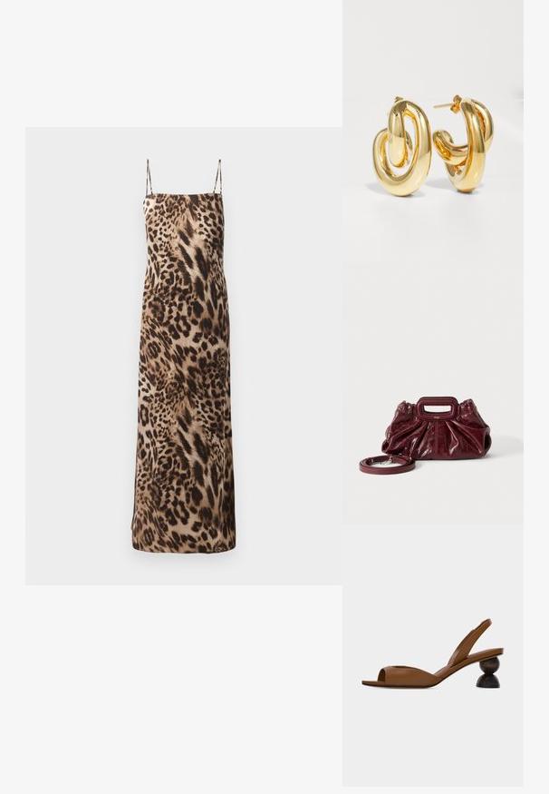 Leopardprint, ærmeløs maxi kjole med tynde stropper, glat tekstur og en flydende silhuet i brune og cremefarvede nuancer.; Brun åben tå slingback-sandal med en karakteristisk rund, todelt træhæl på en ensartet lys baggrund.; Lille mørkerød læderhåndtaske med opsamlet struktur, rektangulært håndudskåret håndtag og aftagelig skulderrem på hvid baggrund.; Charlotte Chesnais BO INITIAL BLOW - Øreringe - gold-coloured