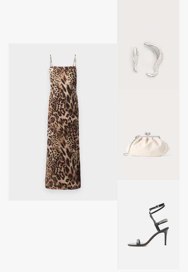 Robe maxi sans manches à imprimé léopard avec des fines bretelles, texture douce et silhouette fluide dans des tons marron et crème.; Sandale noire à talon haut avec fine bride à la cheville, bride médiane décorée de maillons de chaîne argentés, et design à bout ouvert.; Pochette en tissu crème avec un design froncé, cadre en métal argenté, deux boules décoratives, et une bandoulière chaîne argentée.; Deux boucles d'oreilles argentées courbées, l'une plus grande que l'autre, toutes deux ornées de petits cristaux scintillants le long d'un bord.
