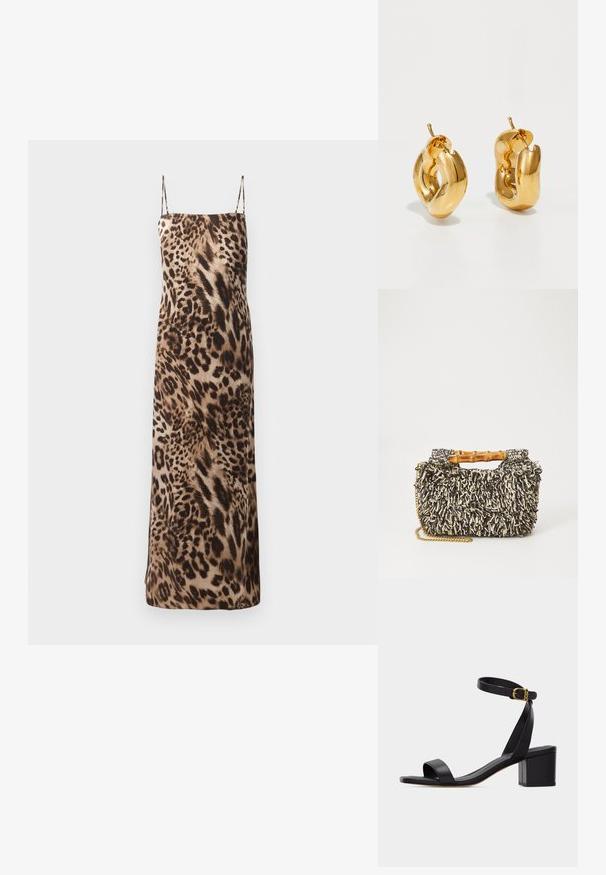 Vestido maxi sin mangas con estampado de leopardo, tirantes finos, textura suave y una silueta fluida en tonos marrones y crema.; Sandalia negra de punta abierta con tacón ancho y correa en el tobillo con una pequeña hebilla dorada, vista de perfil sobre un fondo liso.; Bolso tejido con un patrón texturizado en negro y crema, asa de bambú y una correa de cadena dorada removible. Forma rectangular compacta.; Pendientes de aro grueso en oro con un diseño tubular ligeramente retorcido y cierre de presión, sobre un fondo blanco.