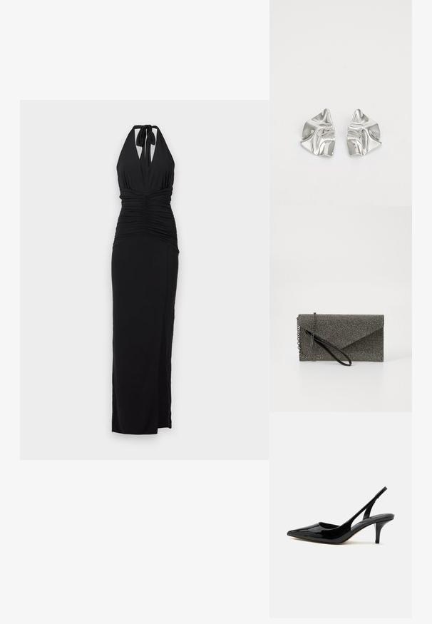 Robe de soirée noire à col halter avec détail froncé à la taille et ourlet longueur cheville sur un fond uni clair.; Chaussure slingback en cuir verni noir avec talon kitten, bout pointu et talon bas et fin sur fond blanc.; Pochette en métal gris avec un motif en maille texturé, design en enveloppe, bandoulière en chaîne et une fine sangle de poignet élégante.; Boucles d'oreilles en métal argenté avec un design ondulé et sculptural, présentant une finition polie et des formes irrégulières, mettant en valeur une esthétique contemporaine.