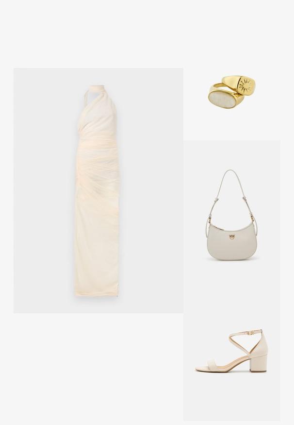 Lang, cremefarvet halterkjole med rynket, gennemsigtigt stof og høj hals mod en ensfarvet baggrund.; Beige blokhælede sandaler med et minimalistisk design, åben tå og justerbar ankelrem med en guldbelsningsdetalje. Glat tekstur.; Beige læderhåndtaske med en buet form, guldlogo-emblem og justerbar rem. Glat tekstur med lynlås lukning langs toppen.; To guldringe, en med en hvid oval sten og den anden med en solstråleindgravering på den flade topflade.