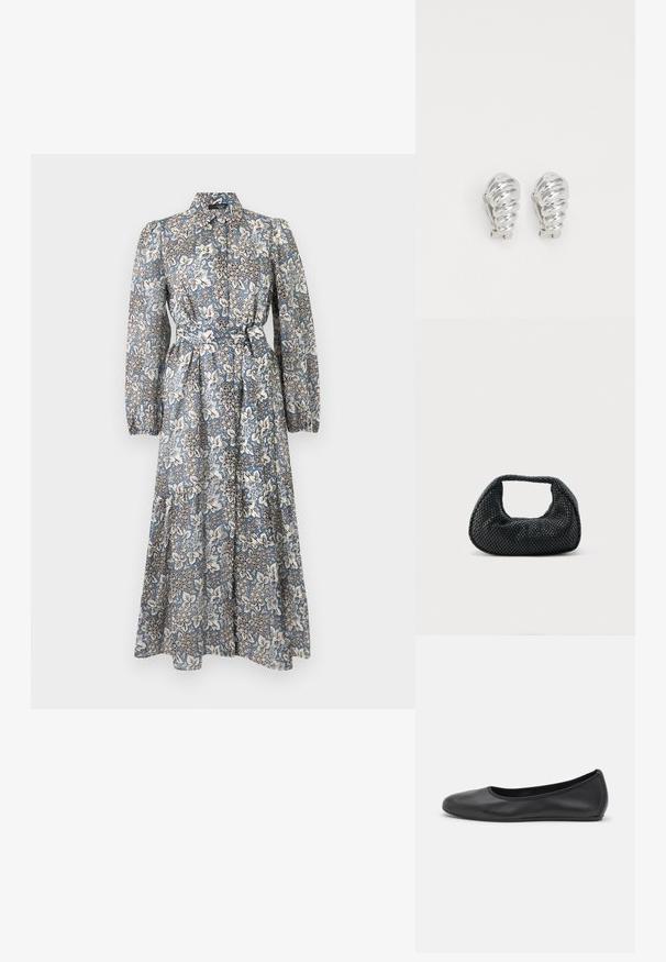 Vestido midi de manga larga con cuello, estampado floral en azul y blanco, botones delanteros, puños elásticos y cinturón para atar en la cintura.; Bailarina de piel negra con punta redondeada, textura suave, detalle de costura minimalista y diseño de suela flexible.; Bolso hobo tejido negro con estructura suave y asa integrada, exhibido sobre un fondo liso y claro.; Pendientes de clip plateados con un diseño en espiral, que presentan una textura metálica suave y formas redondeadas. Sin adornos ni patrones visibles.