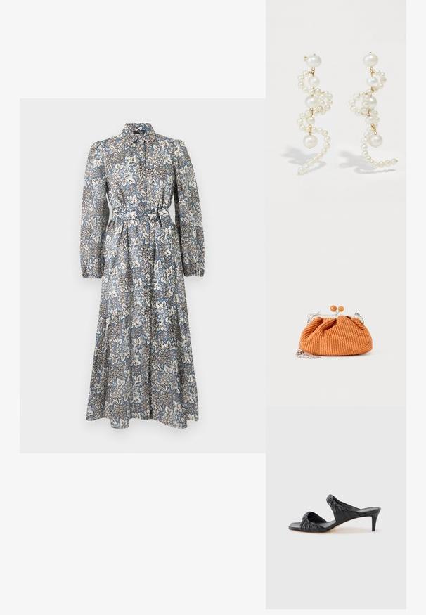 Vestido midi de manga larga con cuello, estampado floral en azul y blanco, botones delanteros, puños elásticos y cinturón para atar en la cintura.; Sandalias negras con tacón y puntera cuadrada, hechas de cuero liso. Presentan tiras fruncidas y un tacón delgado para mayor elevación.; Pequeño bolso de mano tejido en naranja con marco de metal plateado, cierre redondo y una correa de cadena plateada sobre un fondo blanco.; Pendientes de perlas blancas con un diseño retorcido, que presentan perlas de diferentes tamaños y acentos dorados. Textura suave y forma elegante.