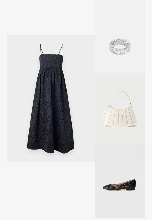 Stine Goya VOLOMINOUS MIDI DRESS - Kokteilikleit/peokleit - black; Must have madala kontsa naiste must king, millel on läikivad sädelevad kristallid, ümar varvas ja väike virnastatud konts, külgvaates valge tausta peal.; Valge voltidega õlakott kõverate ülaosaga sangaga ja eemaldatava rihmaga, mille esiküljel on peene reljeefse logoga detail.; Läbipaistev kalliskivist sõrmus, millel on pidev bänd, millel on pirnikujulised kivid, mis on paigutatud hõbedase tooni metallisse, avatud aktsentidega, et valgust paremini näidata.