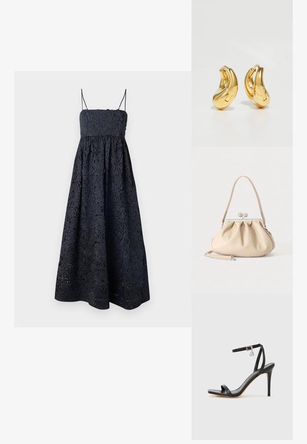 Stine Goya VOLOMINOUS MIDI DRESS - Kokteilikleit/peokleit - black; Mustad kõrge kontsaga sandaal kitsaste pahkluu rihmadega, kandilise varbaosaga, siledast nahast ning metallist pandla aktsendiga.; Beež pehme nahast käekott hõbedase metallraami klambriga, ühe õlarihma ja valikulise kettpaelaga valgel taustal.; Kuldne rõngastüüpi kõrvarõngad sujuva, kõverdatud kujuga ja läikiva viimistlusega. Omavad sulgemismehhanismi ja väikeseid süvendusi detailideks.