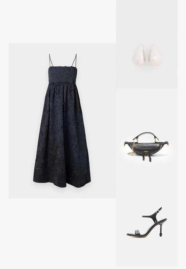 Stine Goya VOLOMINOUS MIDI DRESS - Kokteilikleit/peokleit - black; Mustast nahast kõrge kontsaga sandaal peente rihmade ja avatud varbaga, reguleeritava pahkluu pandlaga, esitatud valgel taustal.; Mustmust mustrahnakk, millel on kullavärvi detailid, lukuga sulgur, ketistropp ja reljeefne logo ees, samuti kaheahelised ülemised käepidemed.; Hõbeda metallist tilgakujulised ripatsid, millel on sile ja peegeldav pind, ning tilga kuju, millel on pidev disain ja ei ole nähtavaid kaunistusi.