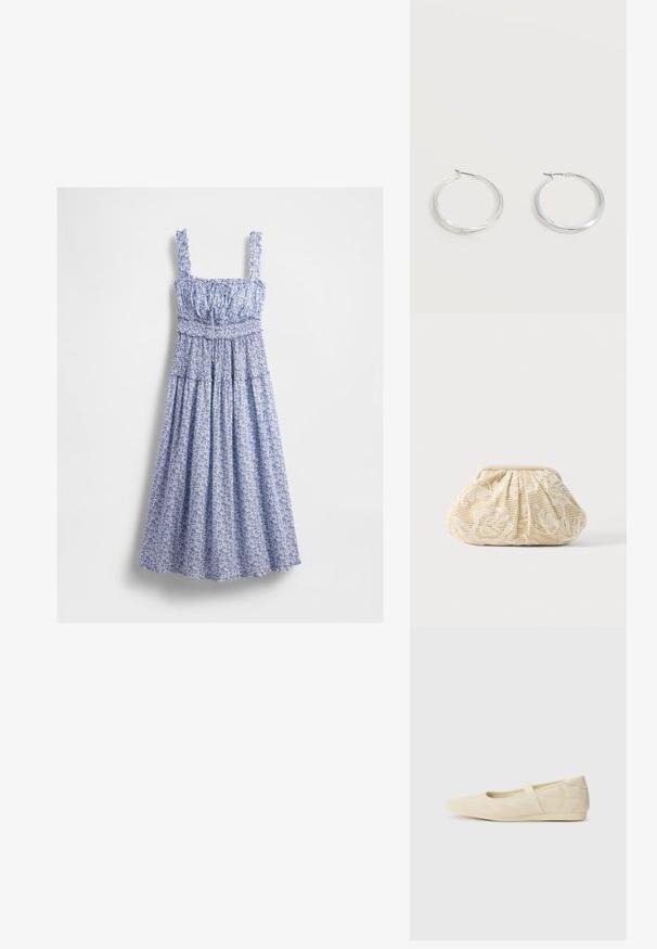 Vestido maxi azul con estampado floral, cuerpo fruncido, escote cuadrado y tirantes con volantes. La tela presenta un patrón delicado y una falda fluida.; Bailarinas beige con un exterior de cuero liso, punta en forma de almendra y una correa elástica en el empeine, con detalles de costura sutiles.; Bolso clutch de tela color crema con superposición de encaje floral y cierre superior recogido sobre un fondo claro sencillo.; Pendientes de aro de metal plateado con superficie lisa y ligeramente curvada y cierre de tipo mosquetón sobre un fondo blanco liso.