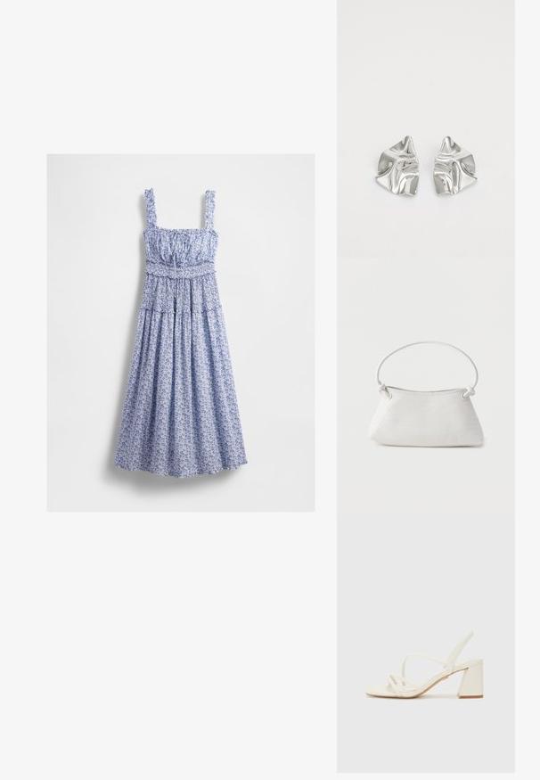 Vestido maxi azul con estampado floral, cuerpo fruncido, escote cuadrado y tirantes con volantes. La tela presenta un patrón delicado y una falda fluida.; Las sandalias de tacón blanco presentan una punta cuadrada, tiras finas y un tacón grueso. La suela es lisa con una ligera textura sobre un fondo sencillo.; Bolso de mano de cuero blanco tejido con asa redondeada y extremos de la correa anudados, exhibido sobre un fondo liso.; Pendientes de metal plateado con un diseño ondulado y escultórico, que presentan un acabado pulido y formas irregulares, destacando una estética contemporánea.
