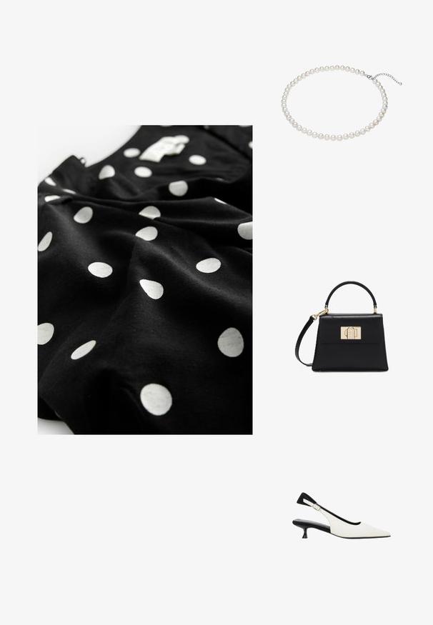 Next V-NECK PUFF SLEEVE MINI - Robe chemise - black spot; Chaussure slingback blanche à bout pointu avec un petit talon noir et une bride réglable avec boucle argentée.; Sac à main en cuir noir avec une poignée supérieure, une bandoulière amovible et un fermoir rectangulaire doré sur le rabat avant.; Collier en perles blanches avec des perles de taille uniforme, texture lisse, et un fermoir en argent avec une chaîne ajustable pour la personnalisation de la longueur.
