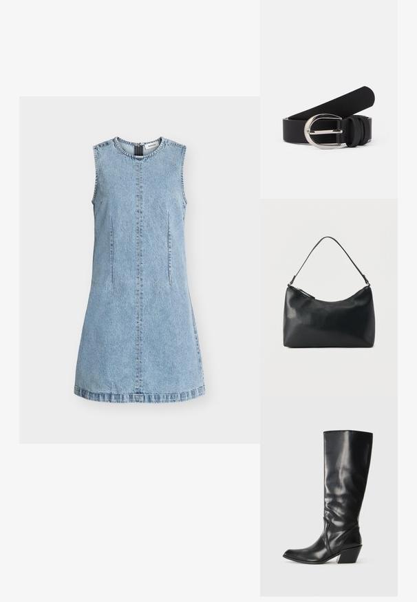 Αμάνικο φωτεινό μπλε denim μίνι φόρεμα σε Α γραμμή με στρογγυλή λαιμόκοψη και ορατή κεντρική ραφή στολίδια.; Μαύρη δερμάτινη μπότα μέχρι το γόνατο με μυτερή μύτη, γωνιακό τακούνι και λεία υφή. Διαθέτει μια διακριτική ραφή στο πλάι.; Μαύρη υφασμάτινη δερμάτινη τσάντα ώμου με κυρτό φερμουάρ στο πάνω μέρος και μία ρυθμιζόμενη λουρίδα, σε απλό φόντο.; Μαύρη δερμάτινη ζώνη με λεία υφή, με ασημί μεταλλική αγκράφα και απλά διακοσμητικά λουράκια. Ο σχεδιασμός είναι κομψός και μινιμαλιστικός.