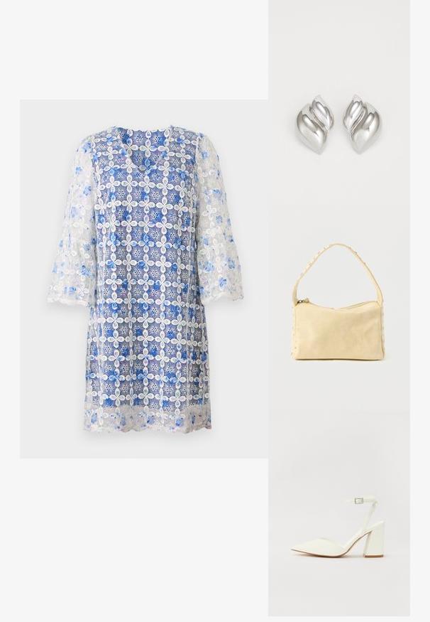 Spitzenkleid mit einem blauen floralen Muster und aufwendiger weißer Stickerei, einem V-Ausschnitt und dreiviertellangen Ärmeln.; Weißer sandal mit Absatz und spitzem Zehenbereich, verstellbarem Knöchelriemen und chunky quadratischem Absatz. Glatte Textur mit minimalen Nähdetails.; Kleine beige Ledertasche mit einem einzigen Riemen und silbernen Nieten entlang der Kanten und des Riemens, vor einem schlichten Hintergrund.; Silberne Ohrringe mit einer organischen, abstrakten Form. Glatte, glänzende Oberfläche mit einem konischen Design. Mit dezenten Kurven und einem zentralen Linienelement.