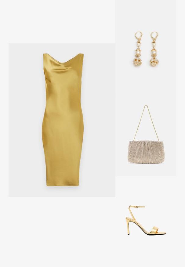 Gelbes Satin-Kleid mit Cowl-Ausschnitt, taillierter Form, knielanger Saum und glatter Textur. Keine sichtbaren Muster oder Akzente.; Goldene Sandalen mit hohen Absätzen aus Kunstleder im Krokodil-Look, mit Knöchelriemen, offener Zehenpartie, schlanken Stiletto-Absätzen und einer glatten, glänzenden Oberfläche.; Faltbare metallische Stoffhandtasche mit einem goldenem Kettenriemen, weicher rechteckiger Form, hellbeige Farbe, strukturiertem Oberflächenmaterial und gerafften Details.; Ohrringe in Goldfarbe mit Perlenakzenten, die ein kunstvolles florales Design aufweisen und mit funkelnden Steinen verziert sind. Mit Clipverschluss.